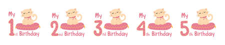 Baby birthday with childish numbers and cartoon animals. Set of cute pink figures with cat in scandinavian style for design girl birthday party, decorate nursery, print, sublimation.のイラスト素材