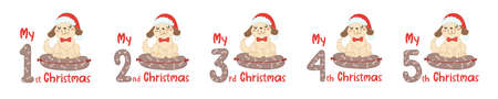 Baby Christmas set with cartoon animals and numbers. Cute dog in scandinavian style for greeting holidays, sublimation and print. Baby animals in santa hat.のイラスト素材
