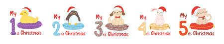 Baby Christmas with cartoon animals and numbers. Cute cat, duck, penguin, rabbit and dog in scandinavian style for greeting holidays, sublimation and print. Baby animals set in santa hat.のイラスト素材