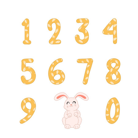 Funny vector set with yellow numbers and rabbit. Childish style cartoon figures with bunny. Birthday and Easter consept design.のイラスト素材