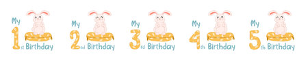 Baby birthday with childish numbers and cartoon animals. Set of cute figures with rabbit and in scandinavian style for design birthday party, easter, decorate nursery, print, sublimation.のイラスト素材