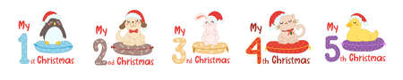 Baby Christmas with cartoon animals and numbers. Cute cat, duck, penguin, rabbit and dog in scandinavian style for greeting holidays, sublimation and print. Baby animals set in santa hat.のイラスト素材