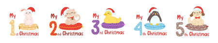 Baby Christmas with cartoon animals and numbers. Cute cat, duck, penguin, rabbit and dog in scandinavian style for greeting holidays, sublimation and print. Baby animals set in santa hat.のイラスト素材