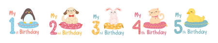 Baby birthday with childish numbers and cartoon animals. Set of cute figures with cat, dog, duck, rabbit and penguin in scandinavian style for design birthday party, decorate nursery, print, sublimation.のイラスト素材
