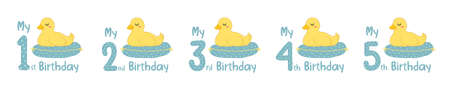 Baby birthday with childish numbers and cartoon animals. Set of cute blue marine figures with duck in scandinavian style for design birthday party, decorate nursery, print, sublimation.のイラスト素材