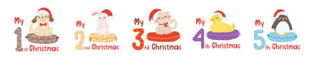 Baby Christmas with cartoon animals and numbers. Cute cat, duck, penguin, rabbit and dog in scandinavian style for greeting holidays, sublimation and print. Baby animals set in santa hat.のイラスト素材