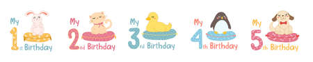 Baby birthday with childish numbers and cartoon animals. Set of cute figures with cat, dog, duck, rabbit and penguin in scandinavian style for design birthday party, decorate nursery, print, sublimation.のイラスト素材