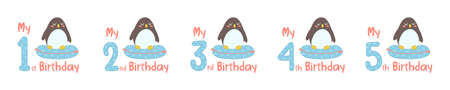 Baby birthday with childish numbers and cartoon animals. Set of cute blue figures with penguin in scandinavian style for design birthday party, winter holidays, decorate nursery, print, sublimation.のイラスト素材