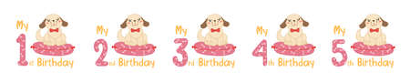 Baby birthday with childish numbers and cartoon animals. Set of cute pink figures with dog in scandinavian style for design birthday party, decorate nursery, print, sublimation.のイラスト素材