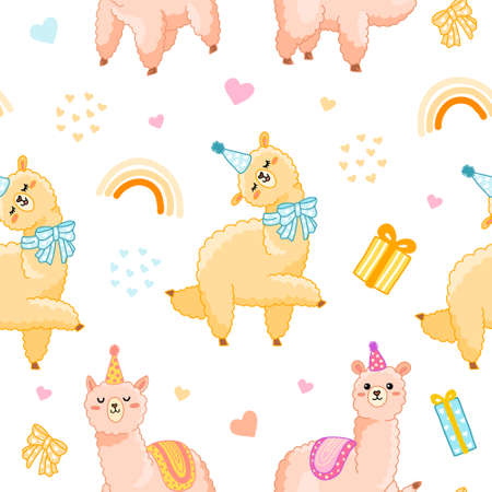 Funny baby llama seamless vector pattern. Cute alpaca with gifts, hearts and rainbow for wrapping paper, celebrate and decorate birthday party, kids fabric. isolated on white.のイラスト素材
