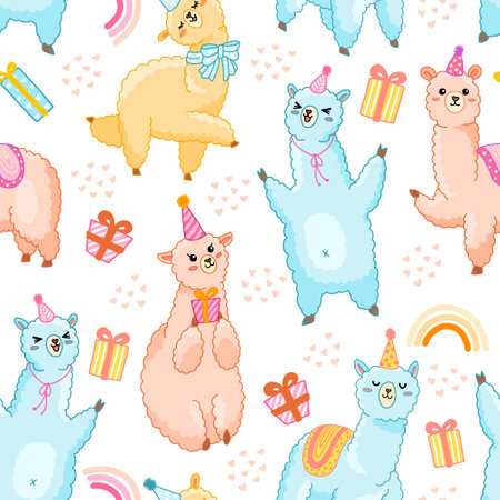 Birthday llama seamless vector pattern. Cute alpaca with gifts, hearts and rainbow for wrapping paper, celebrate and decorate birthday party, kids fabric. isolated on white.のイラスト素材
