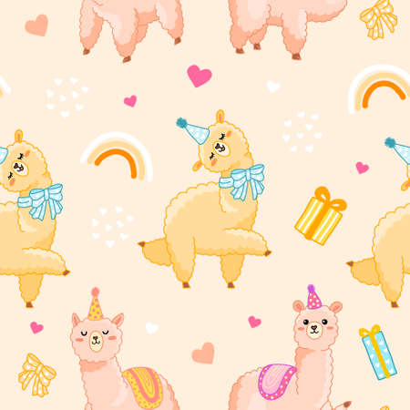 Cute positive cartoon llama seamless vector pattern. Cute alpaca with gifts, hearts and rainbow for wrapping paper, celebrate and decorate birthday party, kids fabric.のイラスト素材