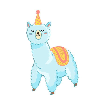 Party cartoon llama in clothes illustration. Funny childish alpaca isolated vector for stickers, nurcery, gifts, print. Kawaii little llama.のイラスト素材