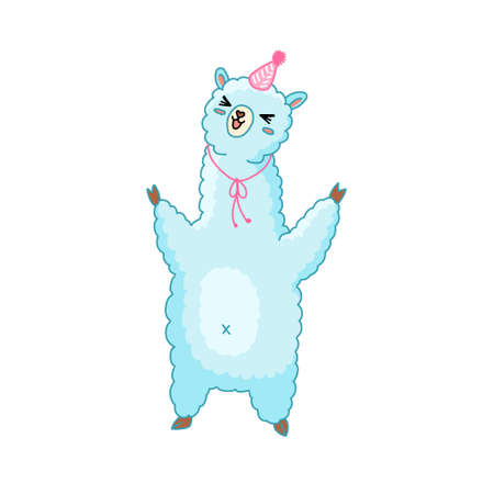 Cute happy cartoon llama illustration. Funny childish alpaca isolated vector for stickers, nurcery, gifts, print. Kawaii little llama.のイラスト素材
