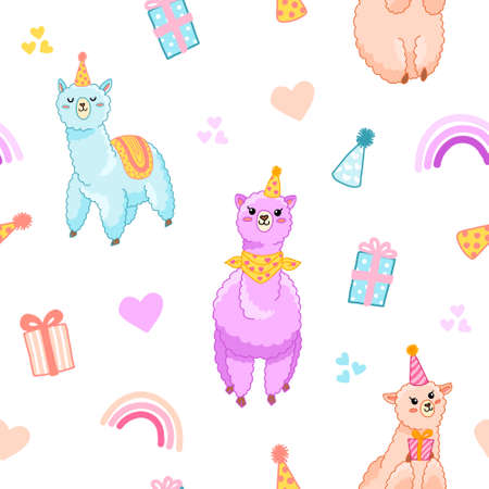 Party llama seamless vector pattern. Cute alpaca with gifts, hearts and rainbow for wrapping paper, celebrate and decorate birthday party, kids fabric.のイラスト素材