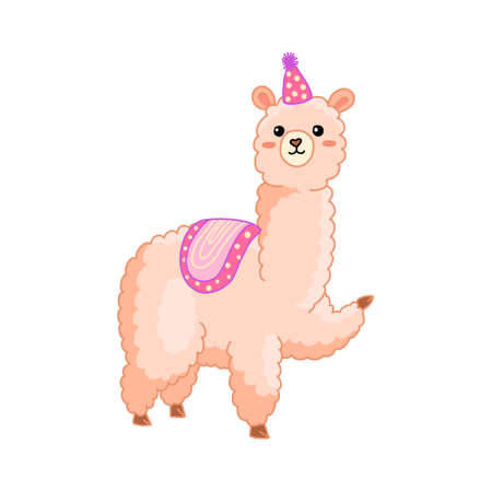 Cute cheerful pink cartoon llama illustration. Funny childish alpaca isolated vector for stickers, nurcery, gifts, print. Kawaii little llama.のイラスト素材