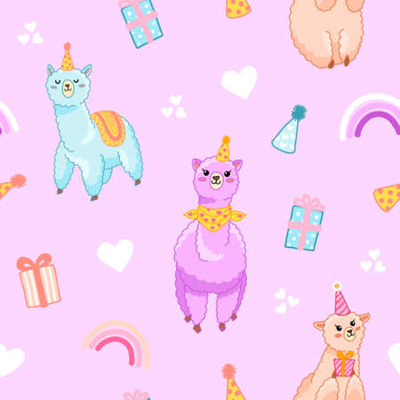 Violet seamless pattern with alpaca and birthday theme. Cute cartoon llama with gifts, hearts and rainbow for wrapping paper, celebrate and decorate birthday party, kids fabric. purple pattern.のイラスト素材