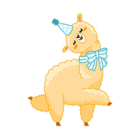 Cute cheerful cartoon llama illustration. Funny childish alpaca isolated vector for stickers, nurcery, gifts, print. Kawaii little llama.のイラスト素材