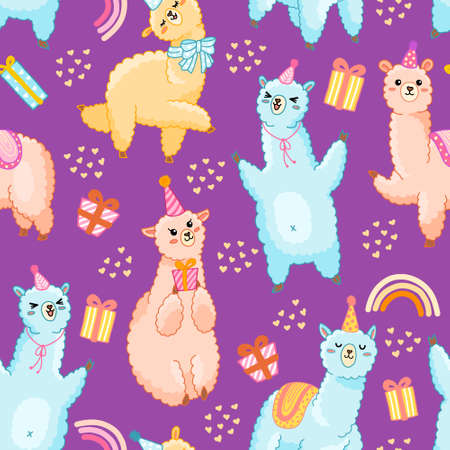 Party llama purple seamless vector pattern. Cute pink and blue alpaca with gifts, hearts and rainbow for wrapping paper, celebrate and decorate birthday party, kids fabric.のイラスト素材