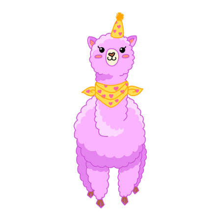Cute violet cheerful cartoon llama illustration. Funny childish alpaca isolated vector for stickers, nurcery, gifts, print. Kawaii little llama.のイラスト素材