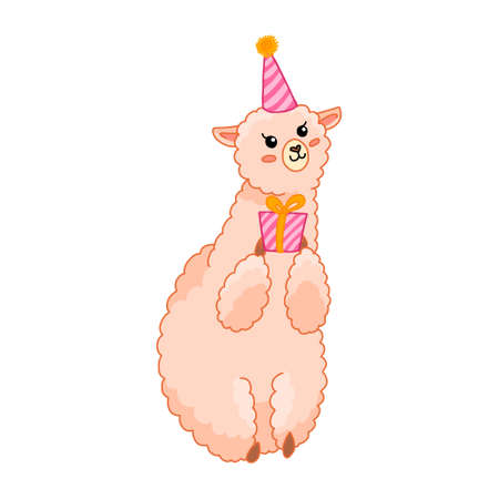 Cute party cartoon llama with present illustration. Funny childish alpaca isolated vector for stickers, nurcery, gifts, print. Kawaii little llama.のイラスト素材