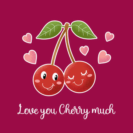 Two cherry in love together celebrate valentine's day. Love you cherry much poster. Vector hand drawn illustration for greeting card, print, poster. Isolated on crimson color.の写真素材