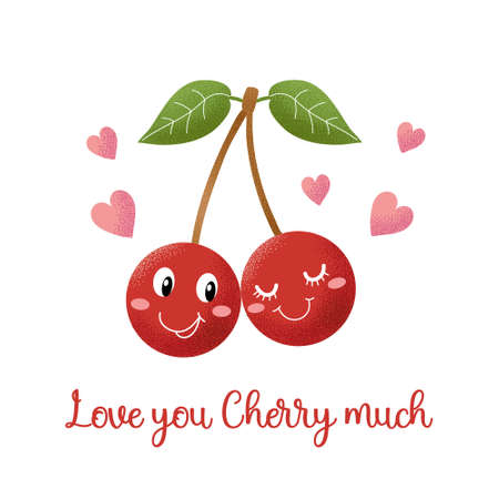 Love you cherry much poster. Two cherry in love together celebrate valentine's day. Vector hand drawn illustration for greeting card, print, poster. isolated on white.の写真素材