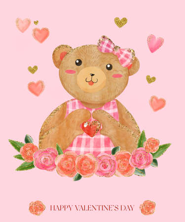 Valentine day greeting card with girl teddy bear show heart with roses. Pink lovely watercolor illustration with glitter gold effect for poster, postcard, gift, print with cute animal toy.の写真素材