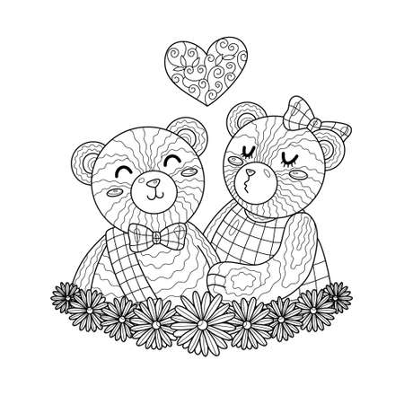 Sweet kiss teddy bear. Couple together celebrate valentine's day. Coloring book page for adult with doodle elements. Vector hand drawn isolated.のイラスト素材