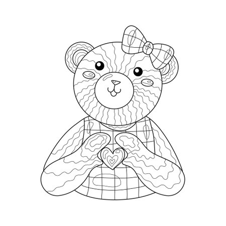 Girl teddy bear show heart for valentine's day. Coloring book page for adult with doodle elements. Vector hand drawn isolated.のイラスト素材