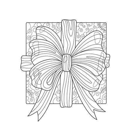 Birthday gift with big bow for greeting holiday. Coloring book page for adult with doodle elements. Vector hand drawn isolated.のイラスト素材