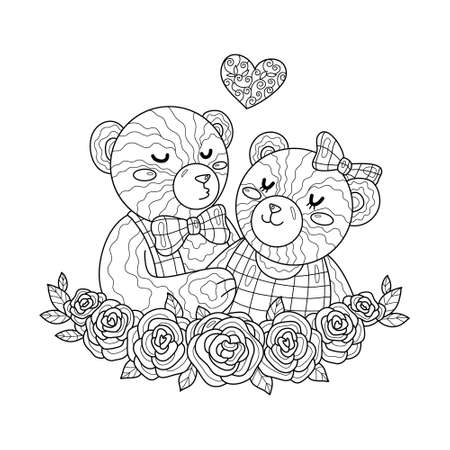 Sweet kiss teddy bear with heart and rose. Couple together celebrate valentine's day. Coloring book page for adult with doodle elements. Vector hand drawn isolated.のイラスト素材
