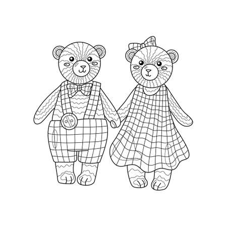 Two teddy bears together hold hands on date. Toy boyfriend and girlfriend walk. Coloring book page for adult with doodle elements. Vector hand drawn isolated.のイラスト素材