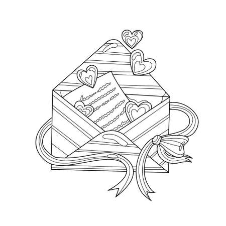 Love letter with decorative bow and hearts for lover. Coloring book page for adult with doodle elements. Vector hand drawn isolated.のイラスト素材