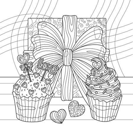 Gift with cream cupcakes and sweets for celebrating holiday. Present for birthday, valentine's day. Coloring book page for adult with doodle elements. Vector hand drawn isolated.のイラスト素材