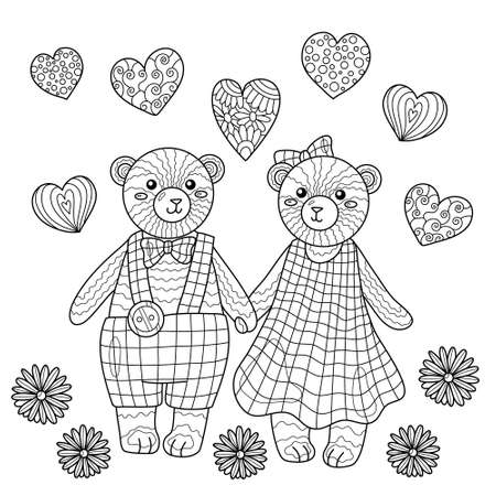 Lovely teddybear couple hold hands and walk together. Celebrating valentine's day. Coloring book page for adult with doodle elements. Vector hand drawn isolated.のイラスト素材