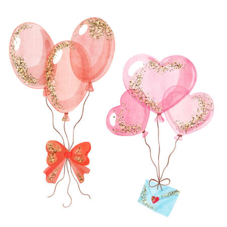 Watercolor illustration of red and pink balloons with love letter and bow for celebrating Valentine's day. Hand drawing art with gold glitter effect for book, print, poster, postcard.の写真素材