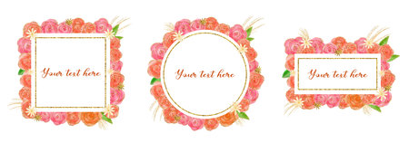 Set of watercolor hand drawn frame with roses and gold glotter effect. Romantic floral templates for wedding, valentine's day, invitation, poster, greeting card.の写真素材