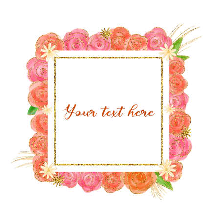 Watercolor hand drawn square frame with roses and gold glotter effect. Romantic templates for wedding, valentine's day, invitation, poster, greeting card.の写真素材