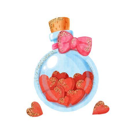Watercolor illustration of jar with hearts inside and pink bow as gift for valentine's day. Hand drawn art with gold glitter effect for print, greeting card, invitations, wedding decoration.の写真素材