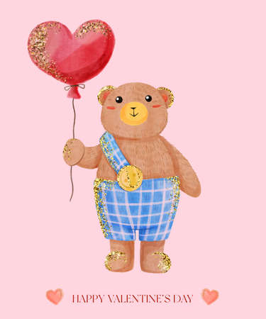 Valentine day greeting card with teddy bear hold balloon. Pink lovely watercolor illustration with glitter gold effect for poster, postcard, gift, print with cute animal toy.の写真素材