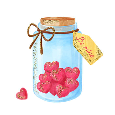 Watercolor illustration of big jar with hearts inside and message Be mine as gift for valentine's day. Hand drawn art with gold glitter effect for print, greeting card, invitations, wedding.の写真素材