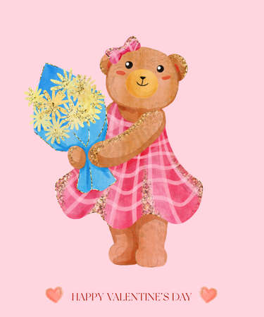 Valentine day greeting card with teddy bear hold flower bouquet. Pink lovely watercolor illustration with glitter gold effect for poster, postcard, gift, print with cute animal toy.の写真素材