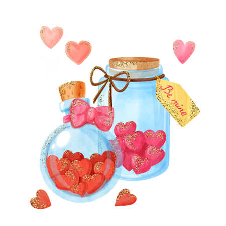 Watercolor illustration of two jars with hearts inside and message Be mine as gift for valentine's day. Hand drawn art with gold glitter effect for print, greeting card, invitations, wedding.の写真素材