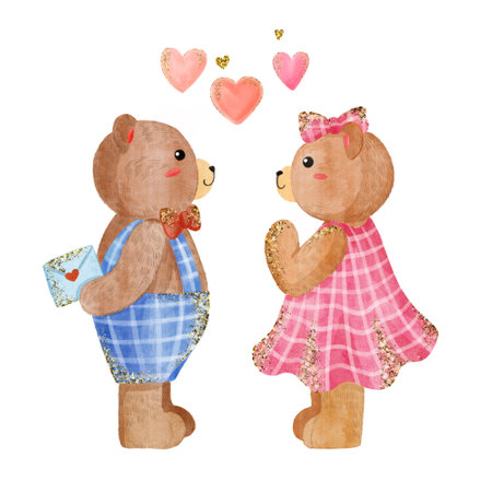 Watercolor illustration of Valentine day with teddy bears and love letter on date. Drawing art with glitter gold effect for poster, postcard, gift, print with cute animal toy. isolated on white.の写真素材
