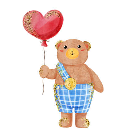 Teddy bear cartoon animal with heart balloon for valentine's day. Watercolor illustration with gold glitter effect for print, invitation, wedding, greeting card, valentine's day.の写真素材
