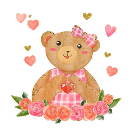 Watercolor illustration of girl teddy bear show heart and love for valentine's day. hand drawing with gold glitter effect for print, book, greeting card, wedding, invitation, valentine's day, spring.の写真素材