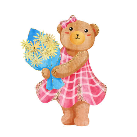 Watercolor girl teddy bear with floral bouquet for celebration holidays. Hand drawn art with gold glitter effect for wedding invitation, spring greeting card, print, valentine's day, birthday.の写真素材