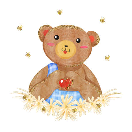 Watercolor illustration of boy teddy bear show heart and love for valentine's day. hand drawing with gold glitter effect for print, book, greeting card, wedding, invitation, valentine's day, spring.の写真素材