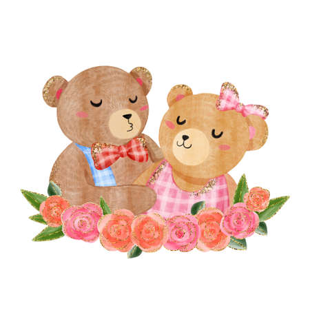 Sweet kiss teddy bear with roses watercolor illustration with gold glitter effect. Couple together celebrate valentine's day. Animal art hand drawn isolated on white.の写真素材